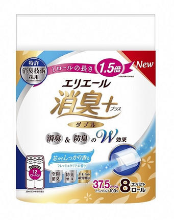 静岡県富士宮市のふるさと納税 0018-10-02 エリエール 消臭＋ トイレットティシュー しっかり香るフレッシュクリアの香り コンパクトダブル 8ロール×8パック 64ロール　1.5倍巻 37.5m トイレットペーパー ダブル パルプ100％ 消臭 防臭 日用品 消耗品 備蓄