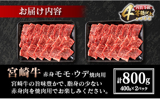 宮崎県日南市のふるさと納税 宮崎牛 赤身 モモ ウデ 焼肉 セット 計800g 牛肉 ビーフ 黒毛和牛 国産 ブランド牛 赤身肉 おすすめ おもてなし BBQ バーベキュー グランピング 鉄板焼き ご褒美 お祝い 記念日 詰め合わせ お取り寄せ グルメ 4等級以上 A4ランク以上 宮崎県 日南市 送料無料_DC28-25